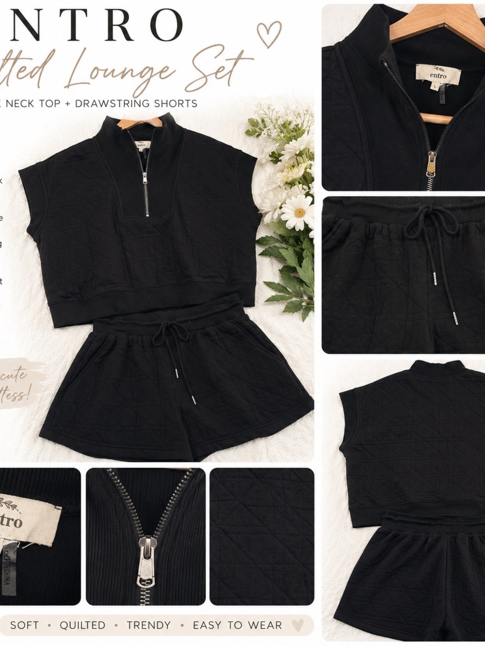 entro Black Quilted Cropped Zip Top & Drawstring Shorts Set